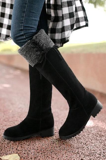Ulass New Faux suede Female fashion Chunky heel knee boots Women plush boots Black Red Yellow Drop Shipping