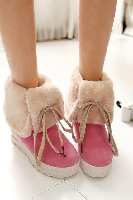 Ulass Woman fashion warm winter faux fur boots platform Ankle boots size shoes Cross lacing Snow boots