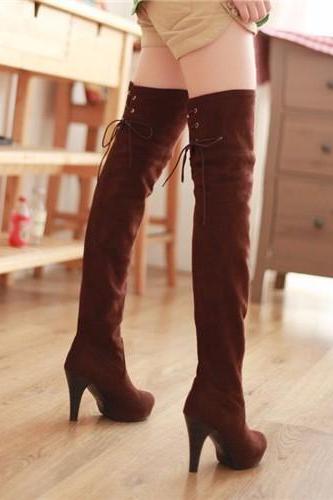 Ulass hoes Women Boots Thigh High Boots Over The Knee Boots Platform Thick High Heels Boots Ladies Shoes Lace Up Brown 