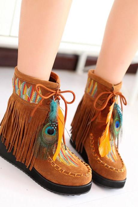 UlassIndian Style Retro Fringe Boots Flock Chunky Feather Women Ankle Short Boots Tassels Big Size Shoes Plus Size 34-43 AA555 ST-005