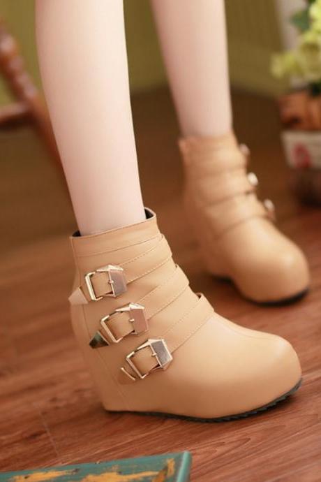 Ulass New arrival Spring Autumn Fashion Casual Women's Wedge boots Buckle Round Toe Black White Beige Women boots ST-031