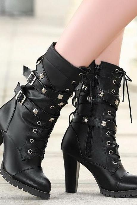 Ulass Ladies shoes Women boots High heels Platform Buckle Zipper Rivets Sapatos femininos Lace up Leather boots PU Fashion New ST-038