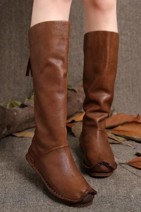 Ulass 2016 Vintage Style Women Boots Knee High Genuine Leather Back Zip Handmade Shoes High Boots ST-058