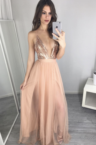 Ulass Unique V Neck Sequin Long Prom Dress, Evening Dress