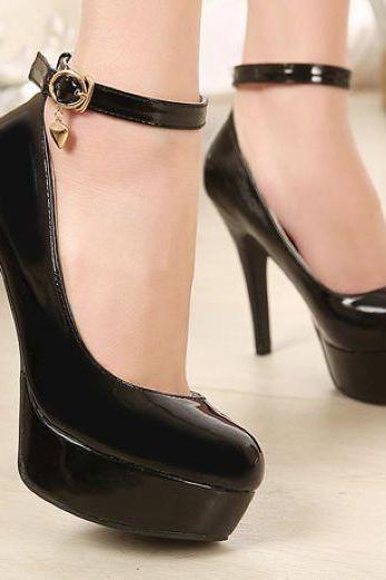 Round Toe Patent Leather Stiletto Pumps with Ankle Strap Adorned with Delicate Charm - Black, Apricot