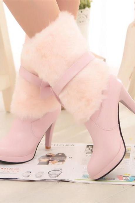 Ulass Simply Adorable Pastel Pink Bow knot High Heel Winter Boots