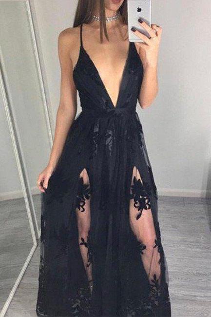 Ulass New Sexy Prom Dress,Black V Neck Prom Dresses,Sleeveless Tulle and Lace Prom Dresses, Lace Evening Dress, Sexy Prom Party Dress