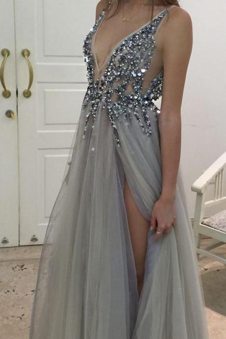 Ulass 2017 Silver-Gray Charming Beading Prom Dress Tulle V-neck Party Dress Floor Length Formal Dress