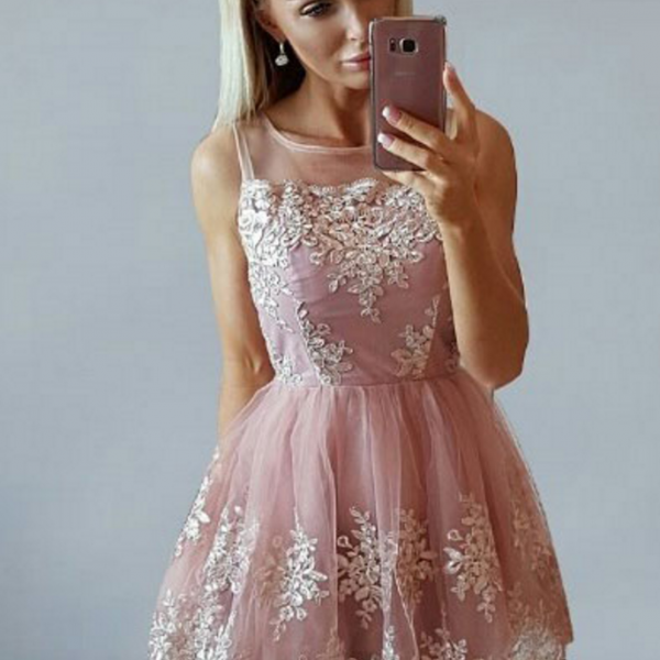 Short Appliques Prom Dress, Tulle Pink Homecoming Dress