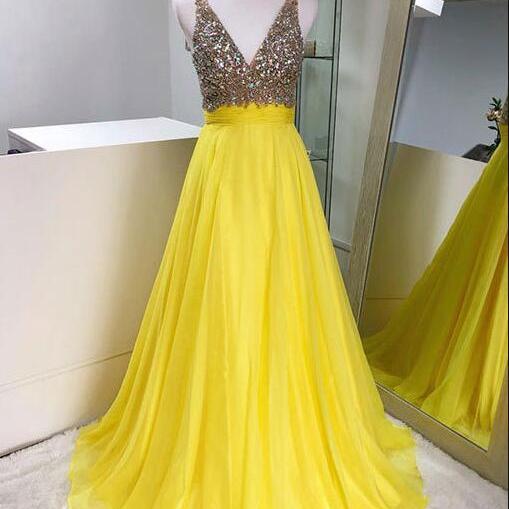 Yellow V Neck Rhinestone Sweep Train Prom Dress LBQ1652 main image 1