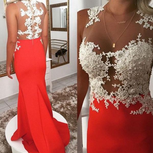 High Quality Sheer Neck Mermaid Prom Dresses with Appliques
