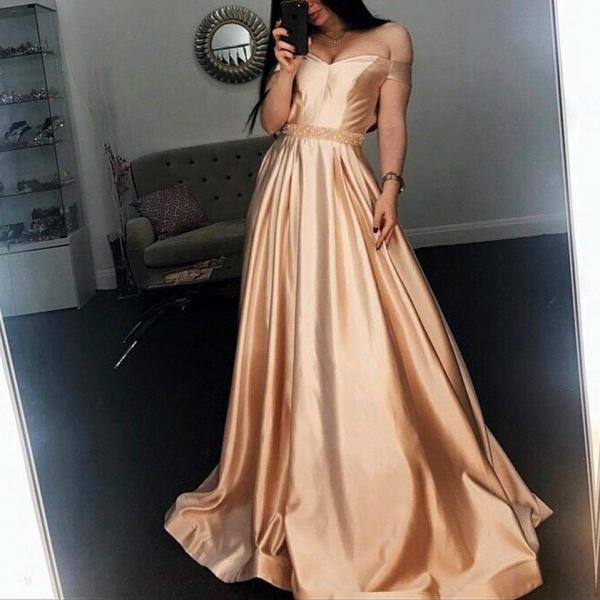 Satin Off the Shoulder Prom Dresses Long A-line Evening Dresses Formal Gowns Party Dresses Beaded Waist