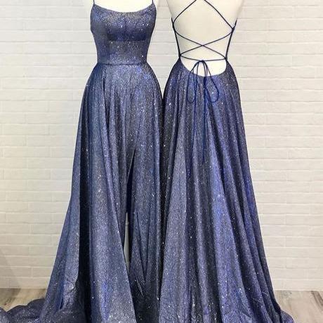 A-line Unique Backless Long Prom Dress Davy Blue Evening Dress
