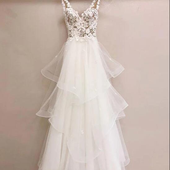 White v neck tulle lace long prom dress, white v neck evening dress F-4255