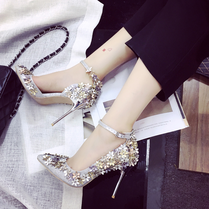 Floral Appliqués Glitter Pointed-Toe Ankle Strap High Heel Stilettos on ...