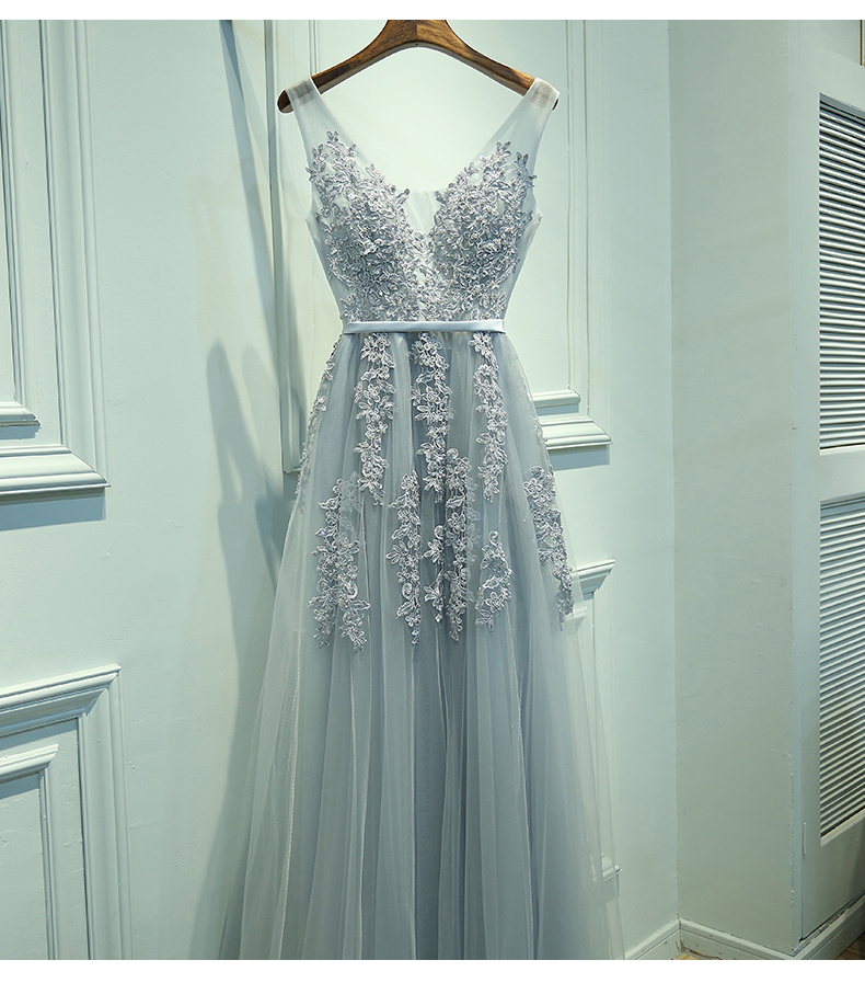 A-Line V-neck Sleeveless Floor-Length Appliques Prom Dresses, PD0666