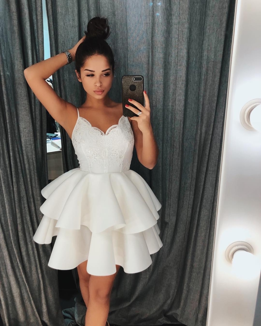 Sweet White Spaghetti Strap Lace Patchwork Waist Mini Birthday Party Homecoming Dress cc4357
