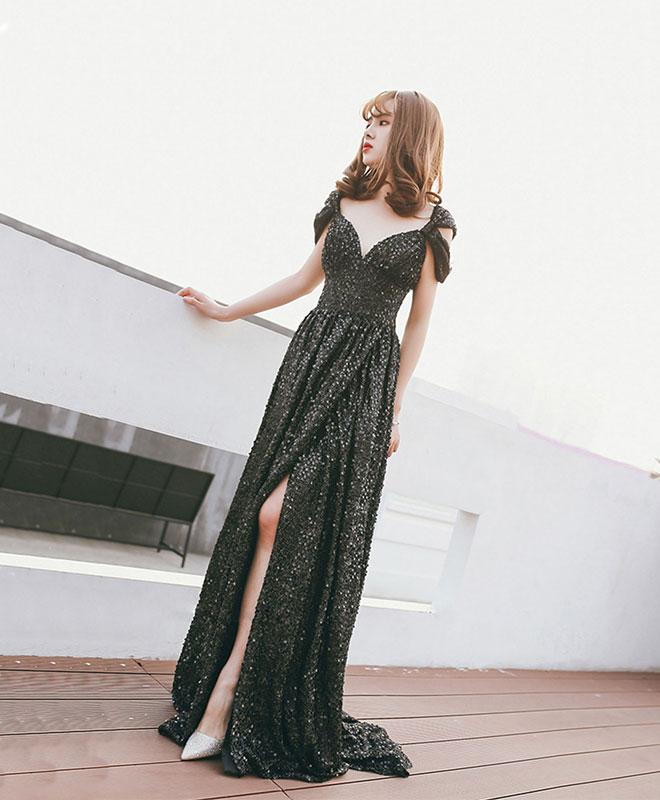 Black Off Shoulder Sequin Long Prom Dress, Black Evening Dress on Luulla