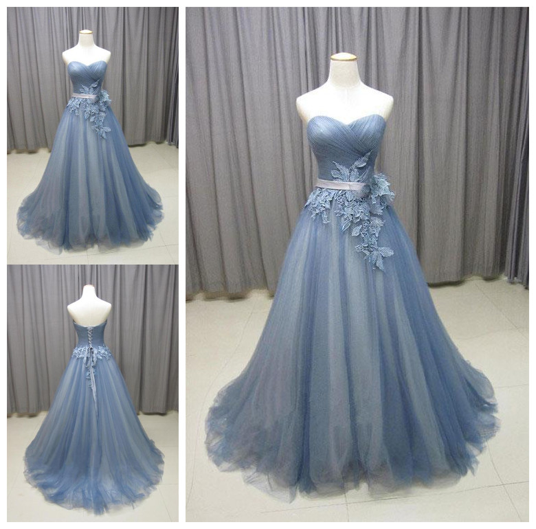 Gray Blue Sweetheart Neck Tulle Long Prom Dress, Gray Evening Dress on