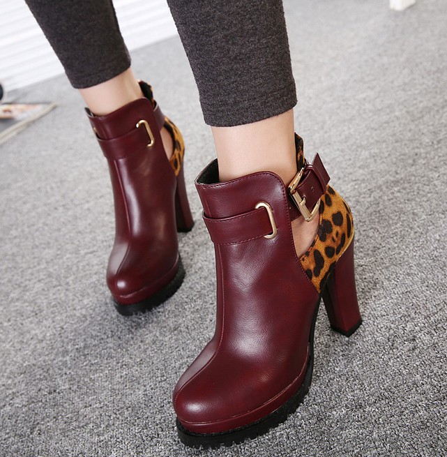 Burgundy Chunky Heel Ankle Boots With Leopard Print And Cutout ...